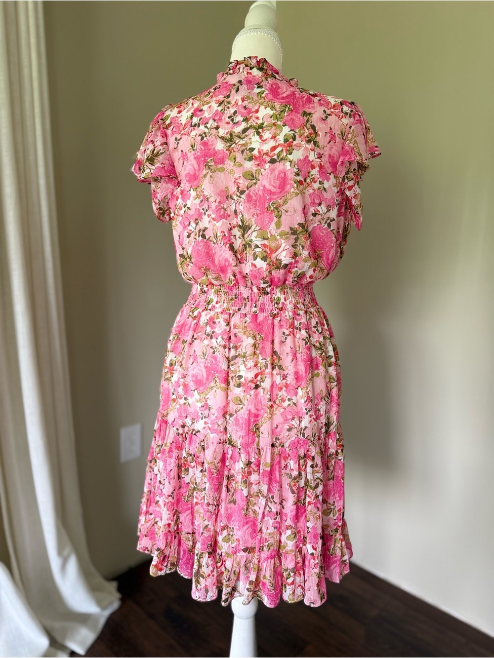 MSK Smocked Waist Tie Crew Neck Dress Pink Floral Ruffle Mini Dress fairycore S - Picture 9 of 12